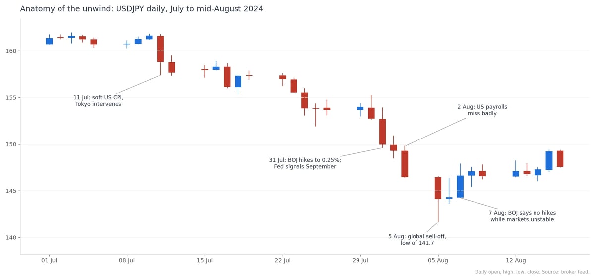 USDJPY daily chart July-August 2024 showing currency pair declining then recovering with annotated price levels and analysis points